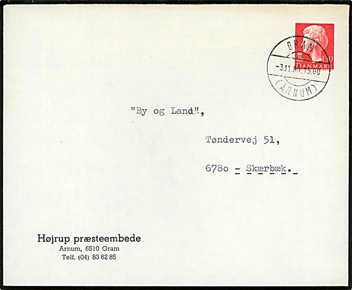 130 øre Margrethe på brev annulleret med parentes stempel Gram (Arnum) d. 3.11.1980 til Skærbæk.