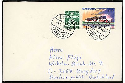 30 øre Bølgelinie og 1 kr. Nordens Hus på brev annulleret med parentes stempel Åbybro (Birkelse) d. 3.9.1976 til Burgdorf, Tyskland.
