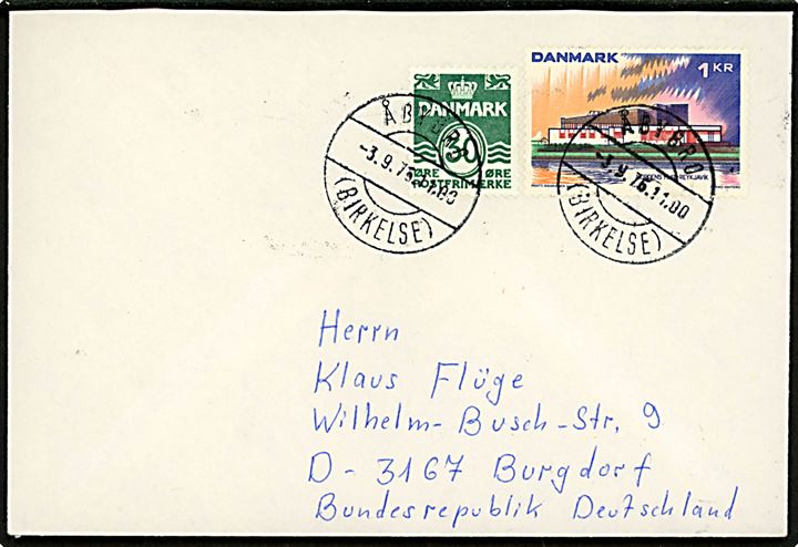 30 øre Bølgelinie og 1 kr. Nordens Hus på brev annulleret med parentes stempel Åbybro (Birkelse) d. 3.9.1976 til Burgdorf, Tyskland.