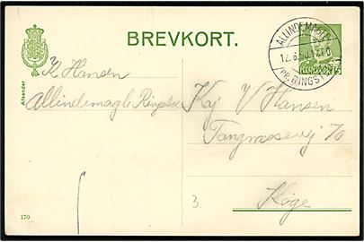 15 øre Fr. IX helsagsbrevkort (fabr. 170) annulleret med pr.-stempel Allindemagle pr. Ringsted d. 12.6.1950 til Køge.