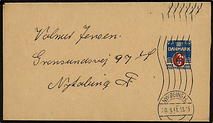 6/4 øre provisorisk helsags korsbånd (fabr. 9) sendt som lokal tryksag og annulleret  håndrullestempel Nykøbing Fl. d. 20.8.1941.