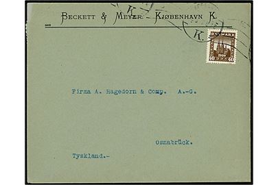 40 øre Genforening single på brev fra København d. 13.6.1922 til Osnabrück, Tyskland.