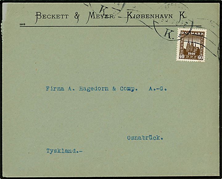 40 øre Genforening single på brev fra København d. 13.6.1922 til Osnabrück, Tyskland.