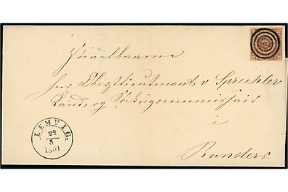 4 R.B.S. Ferslew plade II no. 93 på brev annulleret med stumt stempel og sidestemplet med 1½ ringsstempel Lemvig. d. 22.5.1851 til Randers. Fold.