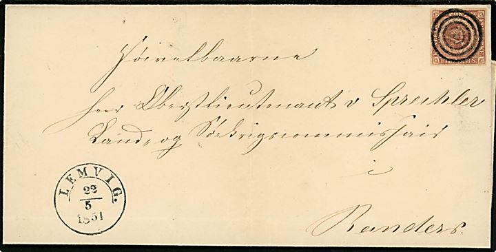 4 R.B.S. Ferslew plade II no. 93 på brev annulleret med stumt stempel og sidestemplet med 1½ ringsstempel Lemvig. d. 22.5.1851 til Randers. Fold.