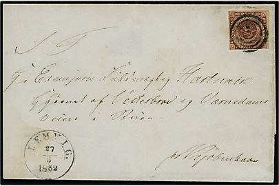 4 R.B.S. Ferslew på brev annulleret med stumt stempel og sidestemplet med 1½ ringsstempel Lemvig. d. 27.3.1852 til Kjøbenhavn.