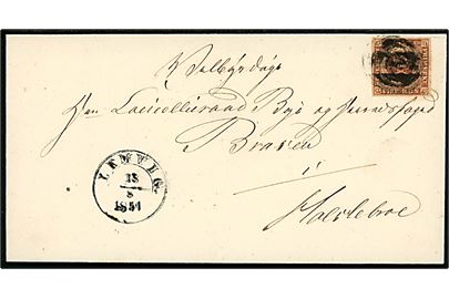4 R.B.S. Ferslew på brev annulleret med svagt stumt stempel og sidestemplet med l½ ringsstempel Lemvig. d. 18.8.1851 til Holstebro.