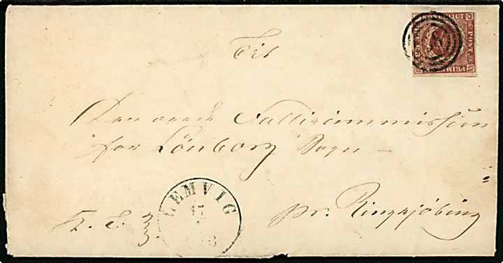 4 R.B.S. Thiele I på brev med indhold dateret Tørring præstegård annulleret med nr.stempel 38 og sidestemplet antiqua Lemvig d. 17.1.1853 til Lønborg Sogn pr. Ringkjøbing.