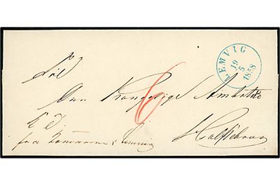 1858. Ufrankeret tjenestebrev med blåt antiqua Lemvig d. 19.5.1858 til Holstebro. Påskrevet 6 sk. porto.