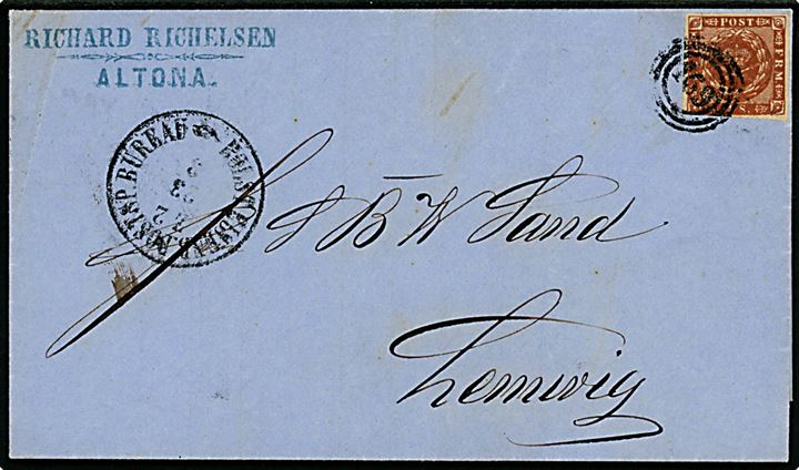 4 sk. 1858 udg. på brev fra Altona annulleret med nr.stempel 169 og sidestemplet antiqua Holst. Eisenb. Postsp. Bureau d. 23.3.1860 til Lemvig.