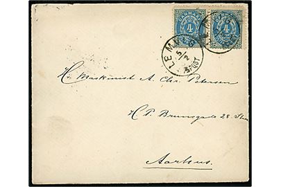 4 øre Tofarvet ret og omv. rm. på brev annulleret med lapidar Lemvig d. 5.2.1895 til Aarhus. 