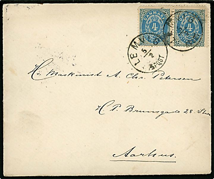 4 øre Tofarvet ret og omv. rm. på brev annulleret med lapidar Lemvig d. 5.2.1895 til Aarhus. 