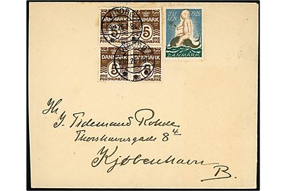 5 øre Bølgelinie i fireblok og Julemærke 1926 på brev fra Viborg d. 29.12.1926 til København.
