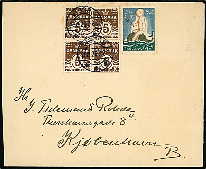 5 øre Bølgelinie i fireblok og Julemærke 1926 på brev fra Viborg d. 29.12.1926 til København.
