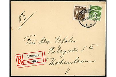 10 øre Bølgelinie og 40 øre Genforening på anbefalet brev fra Ullerslev d. 11.1.1922 til København.