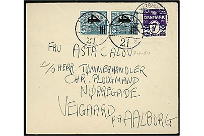 7 øre Bølgelinie og 4/25 øre Provisorium i parstykke på brev fra København d. 3.8.1934 til Vejgaard pr. Aalborg.