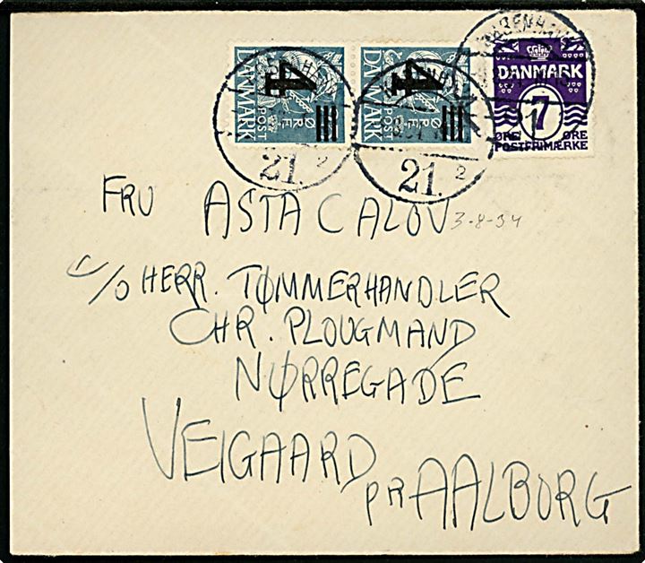 7 øre Bølgelinie og 4/25 øre Provisorium i parstykke på brev fra København d. 3.8.1934 til Vejgaard pr. Aalborg.