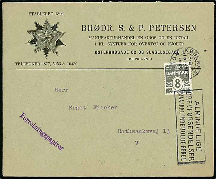 8 øre Bølgelinie single på lokal forretningspapirer i København d. 15.2.1928.