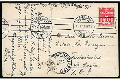 10 øre Bølgelinie på brevkort fra Kjøbenhavn d. 21.4.1913 til Frederiksted, Dansk Vestindien. Ank.stemplet i Frederiksted d. 21.5.1913.