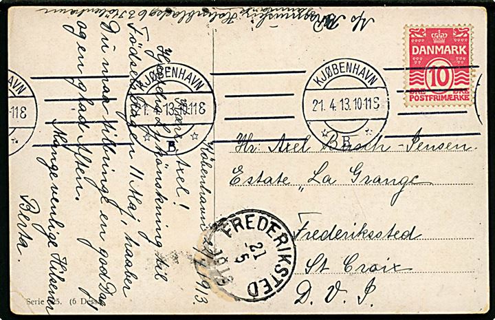 10 øre Bølgelinie på brevkort fra Kjøbenhavn d. 21.4.1913 til Frederiksted, Dansk Vestindien. Ank.stemplet i Frederiksted d. 21.5.1913.