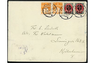 1 øre Bølgelinie (2) og 4/8 øre Provisorium i parstykke på brev fra Aarhus d. 7.3.1913 til København.
