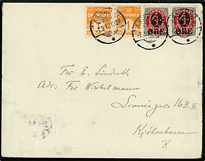1 øre Bølgelinie (2) og 4/8 øre Provisorium i parstykke på brev fra Aarhus d. 7.3.1913 til København.