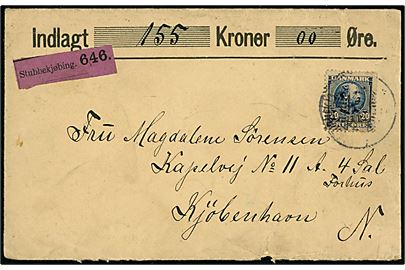 20 øre Chr. IX single på værdibrev fra Stubbekjøbing d. ?.3.1906 til Kjøbenhavn. Nusset.