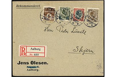 5 øre Bølgelinie, 20 øre, 27 øre Chr. X og 8/12 øre Provisorium på anbefalet brev fra Aalborg d. 17.9.1924 til Skjern. Attest Lasse Nielsen.