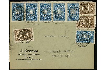 2000 mk. (6) og 3000 mk. (21) Ciffer Infla udg. på for- og bagside af brev fra Essen d. 1.9.1923 til Köln. Korrekt porto (1.-19.9.1923) 75.000 mk. Enkelte mærker med skader.