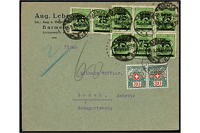 75.000/400 mk. Provisorium (8) på underfrankeret infla brev fra Barmen d. 25.9.1923 til Basel, Schweiz. Udtakseret i proto med 30 c. Portomærke i parstykke. Korrekt porto (20.-30.9.1923) = 750.000 mk.