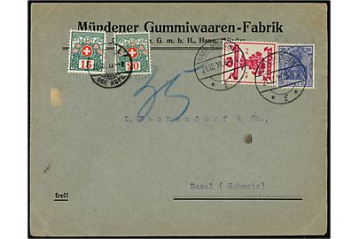 10 pfg. Weimar udg. og 20 pfg. Germania på brev fra Hann Münden d. 21.12.1919 til Basel, Schweiz. Udtakseret i porto med 15 c. og 20 c. Portomærker stemplet i Basel d. 26.12.1919. 30 pfg. var korrekt 1. vægtkl. porto indtil d. 6.5.1920, men formodentlig udtakseret i porto da Weimar udg. ikke var gyldig frankering til udlandet.