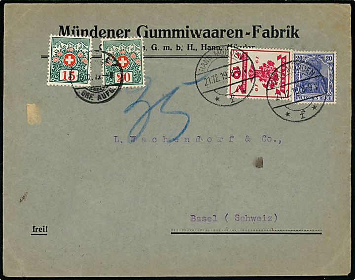 10 pfg. Weimar udg. og 20 pfg. Germania på brev fra Hann Münden d. 21.12.1919 til Basel, Schweiz. Udtakseret i porto med 15 c. og 20 c. Portomærker stemplet i Basel d. 26.12.1919. 30 pfg. var korrekt 1. vægtkl. porto indtil d. 6.5.1920, men formodentlig udtakseret i porto da Weimar udg. ikke var gyldig frankering til udlandet.