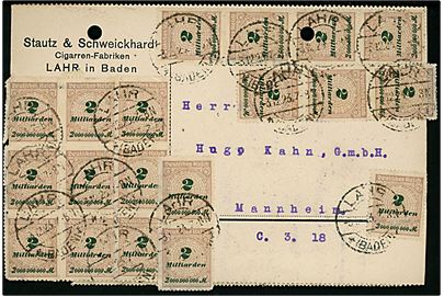 2 mia. mk. Infla udg. (25) på for- og bagside af 50.000.000.000 mk. (= 5 pfg.) frankeret December-brevkort fra Lahr d. 3.12.1923 til Mannheim. To arkivkuller (ene gennem mærke) og flere mærker med takningsfejl.