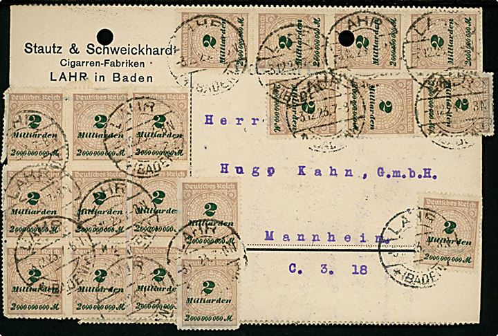 2 mia. mk. Infla udg. (25) på for- og bagside af 50.000.000.000 mk. (= 5 pfg.) frankeret December-brevkort fra Lahr d. 3.12.1923 til Mannheim. To arkivkuller (ene gennem mærke) og flere mærker med takningsfejl.
