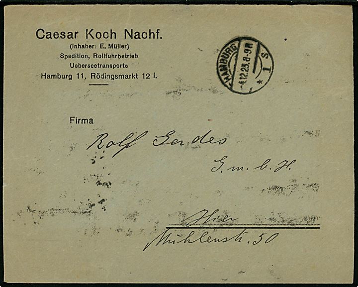 2 mia. mk. Infla udg. (25) på bagsiden af lokalt December-brev (50.000.000.000 mk. = 5 pfg.) i Hamburg d. 4.12.1923