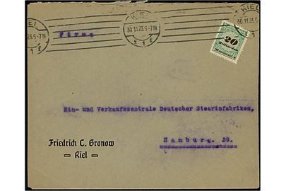20 mia. mk. Infla udg. single på Vierfach frankeret brev fra Kiel d. 30.11.1923 til Hamburg. Korrekt porto (26.-30.11.1923) = 80.000.000.000 mk.