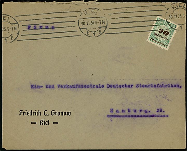 20 mia. mk. Infla udg. single på Vierfach frankeret brev fra Kiel d. 30.11.1923 til Hamburg. Korrekt porto (26.-30.11.1923) = 80.000.000.000 mk.
