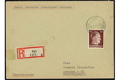 60 pfg. Hitler Ostland Provisorium single på anbefalet brev stemplet Riga Deutsche Dienstpost Ostland d. 11.4.1942 til Dresden, Tyskland.