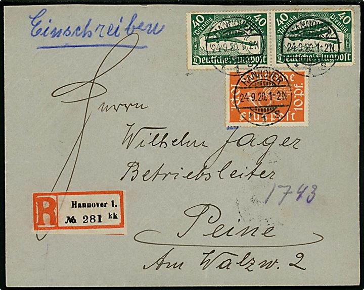 10 pfg. og 40 pfg. (par) Luftpost udg. på anbefalet brev fra Hannover d. 24.9.1920 til Peine. 