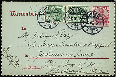 10 pfg. Germania helsags korrespondancekort opfrankeret med 10 pfg. Germania i parstykke fra Berlin W d. 26.12.1902 til Johannesburg, Sydafrika. Ank.stemplet i Johannesburg d. 23.1.1903.