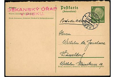 Tysk 6 pfg. Hindenburg svardel af dobbelt helsagsbrevkort annulleret med 2-sproget stempel i Pisek, Böhmen-Mähren d. 30.7.1940 til Düsseldorf, Tyskland.