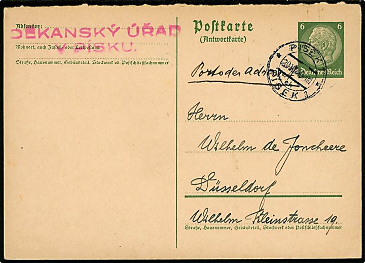 Tysk 6 pfg. Hindenburg svardel af dobbelt helsagsbrevkort annulleret med 2-sproget stempel i Pisek, Böhmen-Mähren d. 30.7.1940 til Düsseldorf, Tyskland.