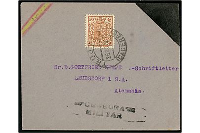50 cts. Especial Movil (Stempel mærke) anvendt som frankering på brev fra Trujille d. 26.10.1937 til Leubsdorf, Tyskland. Lokal spansk censur.