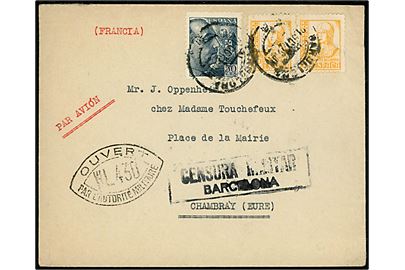 50 cts. Franco og 60 cts. Isabel (2) på luftpostbrev fra Barcelona d. 21.10.1939 til Chambray, Frankrig. Lokal spansk censur fra Barcelona og fransk censur WL430.