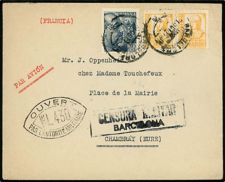 50 cts. Franco og 60 cts. Isabel (2) på luftpostbrev fra Barcelona d. 21.10.1939 til Chambray, Frankrig. Lokal spansk censur fra Barcelona og fransk censur WL430.