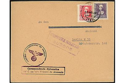 30 cts. og 40 cts. Isabel på brev annulleret med svagt stempel ca. 1939 fra det tyske generalkonsulat i Spanien til Berlin, Tyskland. Lokal spansk censur fra Burgos.