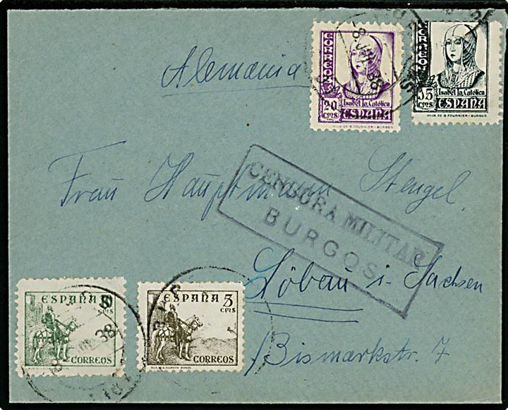 5 cts., 10 cts. Rytter, 15 cts. og 20 cts. Isabel på brev fra Burgos d. 8.7.1938 til Löbau, Tyskland. Lokal spansk censur fra Burgos.