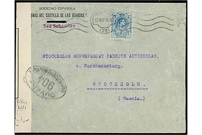 25 cts. Alfonso XIII på brev fra San Sebastian d. 17.5.1916 til Stockholm, Sverige. Åbnet af fransk censur i London med censor-stempel no. 904.