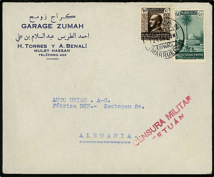 10 cts. og 60 cts. på brev fra Tetuan d. 24.1.1938 til Zschopau, Tyskland. Lokal spansk censur fra Tetuan.