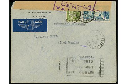 75 c. og 1,50 fr. på luftpostbrev fra Paris d. 8.4.1937 til Valencia, Spanien. Åbnet af spansk borgerkrigscensur i Valencia.